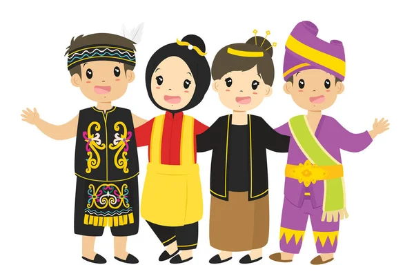 Indonesian Boys and Girls Wearing Traditional Dress Cartoon Vector — Stock Vector