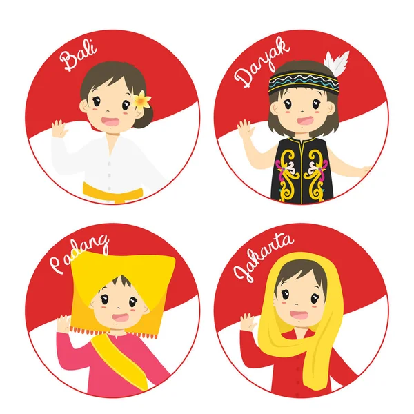 Indonesische kinderen in traditionele kleding Cartoon Vector — Stockvector