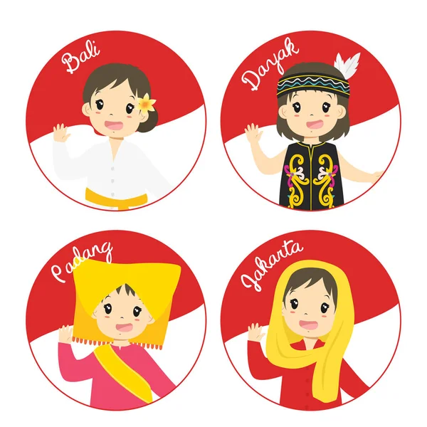 Niños indonesios en vestido tradicional Vector de dibujos animados — Vector de stock