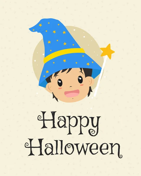 Happy Halloween Card Design, Wizard Cartoon Vector - Stok Vektor