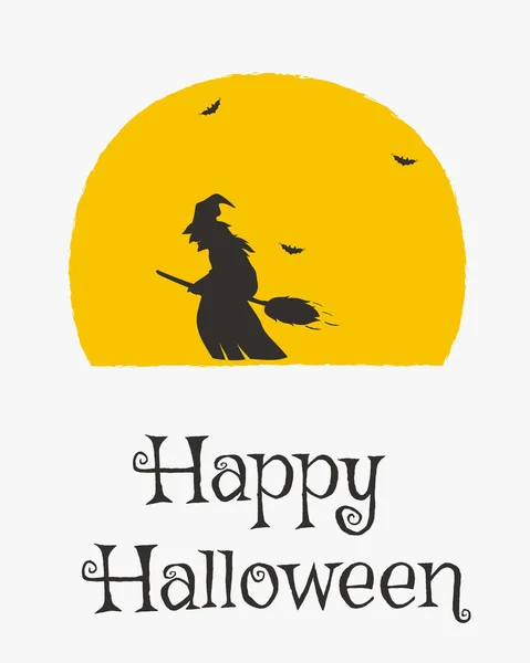 Diseño de tarjetas de Halloween feliz, bruja volando en el vector de dibujos animados de palo de escoba — Vector de stock