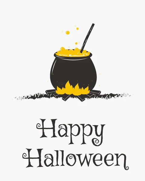 Feliz diseño de tarjetas de Halloween, bruja caldero Vector de dibujos animados — Vector de stock