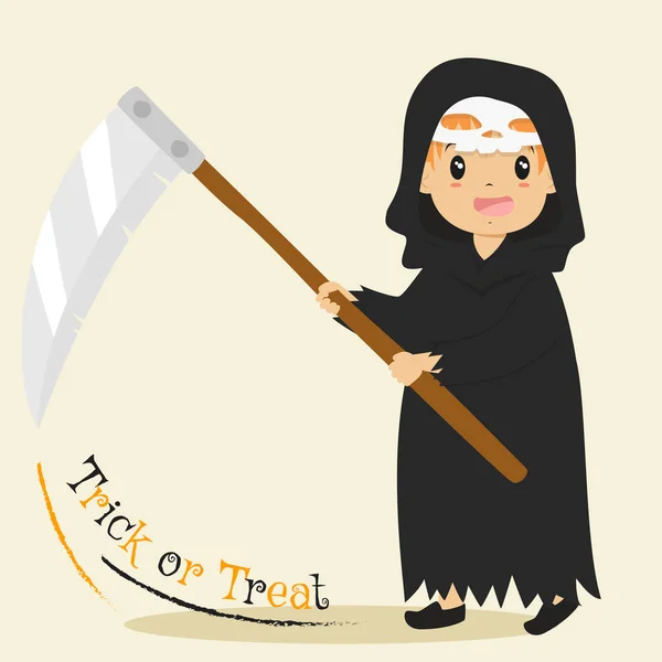 Schattig Grim Reaper Holding Scythe, Halloween Cartoon Vector — Stockvector