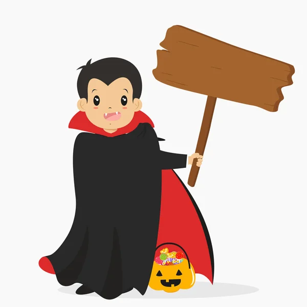 Conde Drácula sosteniendo un letrero de madera, vector de dibujos animados de Halloween — Vector de stock