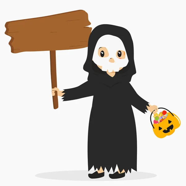 Grim Reaper sostiene un signo de madera y un cubo de calabaza, vector de dibujos animados de Halloween — Archivo Imágenes Vectoriales