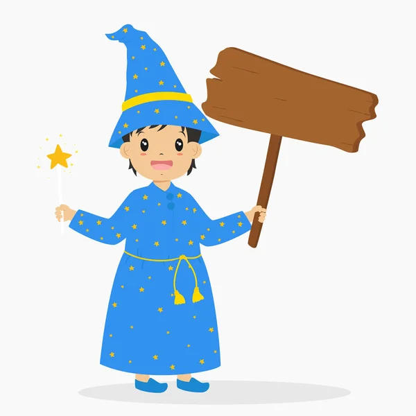 Милий чарівник тримає дерев'яний знак і гарбузове відро, Вектор мультфільму Хеллоуїн — стоковий вектор
