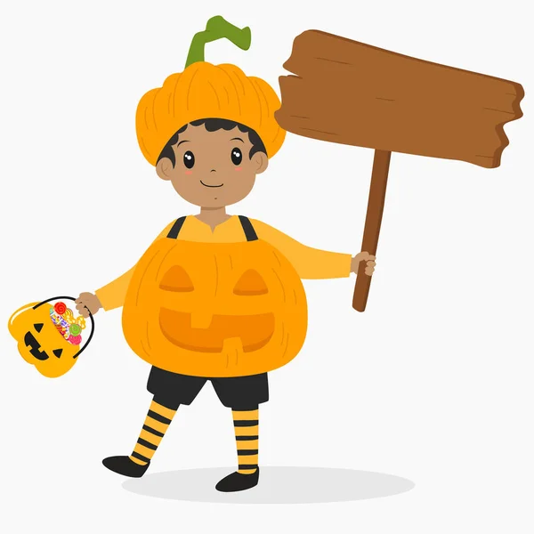 Menino de abóbora segurando um sinal de madeira e um balde de abóbora, vetor de desenhos animados de Halloween — Vetor de Stock