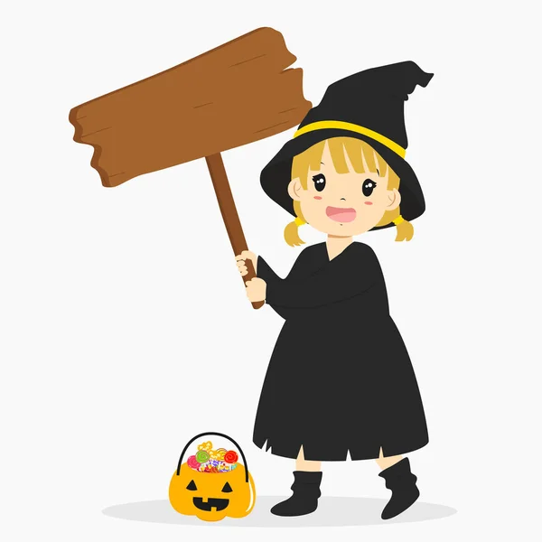 Czarny czarownica trzyma drewniany znak, Halloween kreskówka wektor — Wektor stockowy