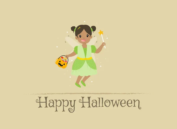 Happy Halloween Card Design, Cute Fairy Cartoon Vector - Stok Vektor