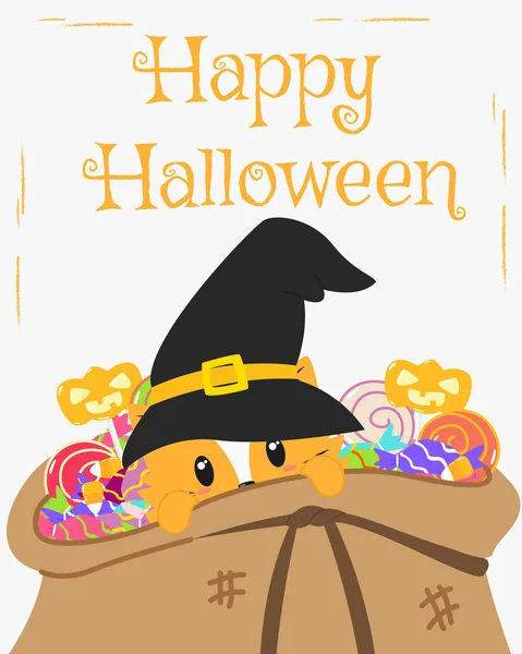 Feliz diseño de tarjetas de Halloween, Gato dentro de un saco de caramelos Vector de dibujos animados — Archivo Imágenes Vectoriales