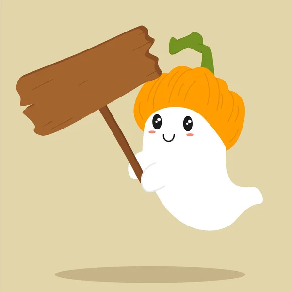 Schattig Ghost bedrijf leeg houten teken, Halloween Cartoon Vector — Stockvector