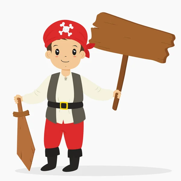 Muchacho pirata sosteniendo un letrero de madera y una espada de madera, vector de dibujos animados de Halloween — Vector de stock