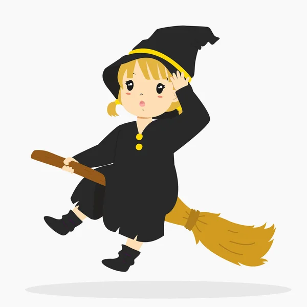 Halloween boszorkány repül a seprűnyél rajzfilm vektor — Stock Vector