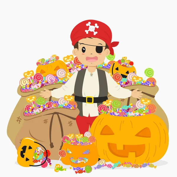 Rapaz pirata rodeado de doces Tesouro, Halloween Cartoon Vector — Vetor de Stock
