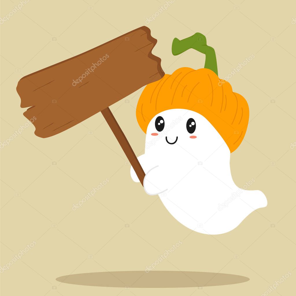 Cute Ghost Holding Empty Wooden Sign, Halloween Cartoon Vector 