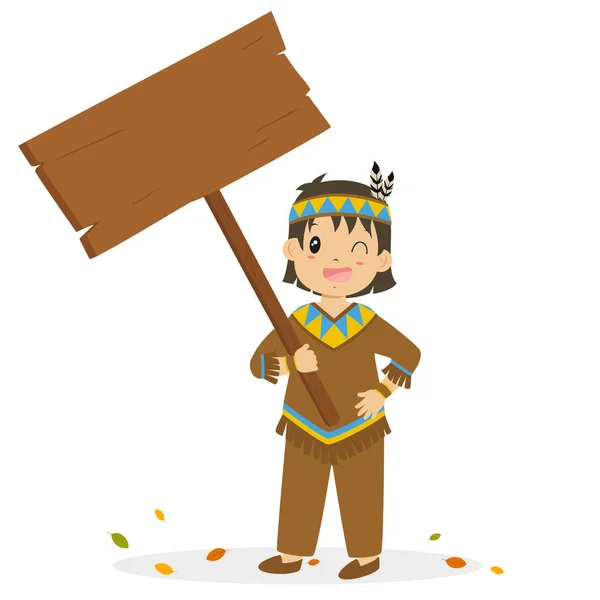 Niño nativo americano llevando un signo de madera Vector de dibujos animados — Vector de stock