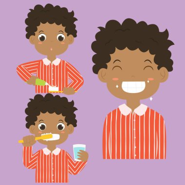  Afro-Amerikan çocuk fırçalama diş etkinlik vektör toplama 