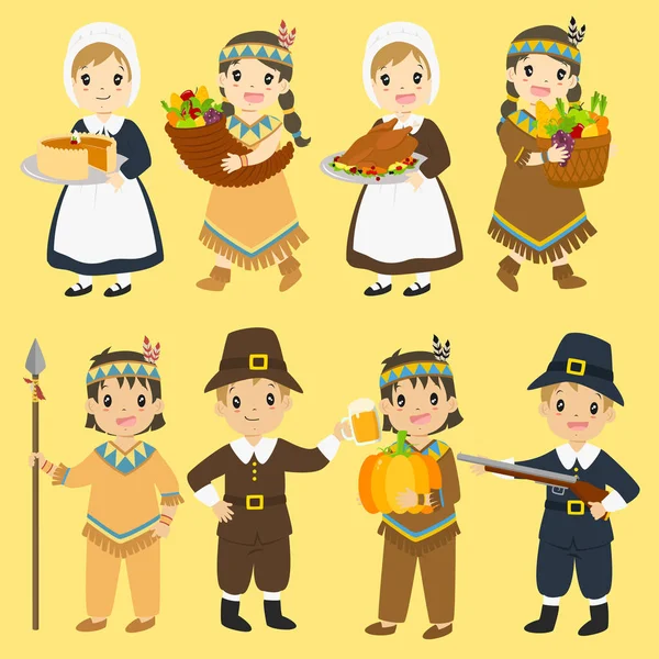 Karakter Thanksgiving Cartoon Vector Set - Stok Vektor