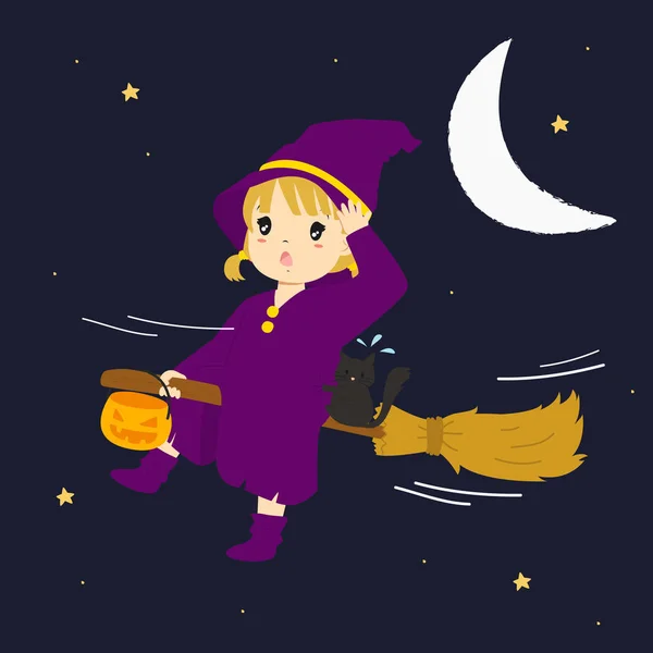 Schattig vliegende heks, Halloween Cartoon Vector. — Stockvector