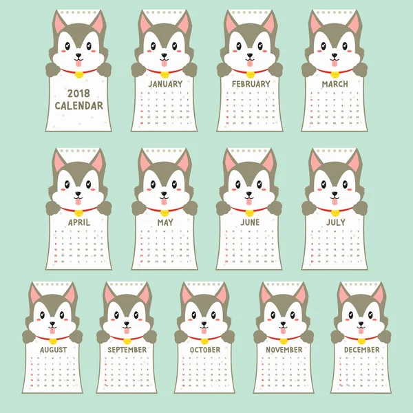 Kalendervorlage 2018 2018 Tierischer Kalender Niedlicher Husky Haltungskalender Druckbarer Cartoon — Stockvektor