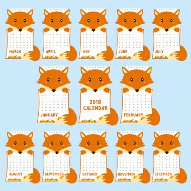 2018 Takvim şablonu. Takvim 2018 hayvan şeklinde, şirin fox ile sonbahar takvim tutan bırakır. Yazdırılabilir 2018 takvim karikatür vektör.