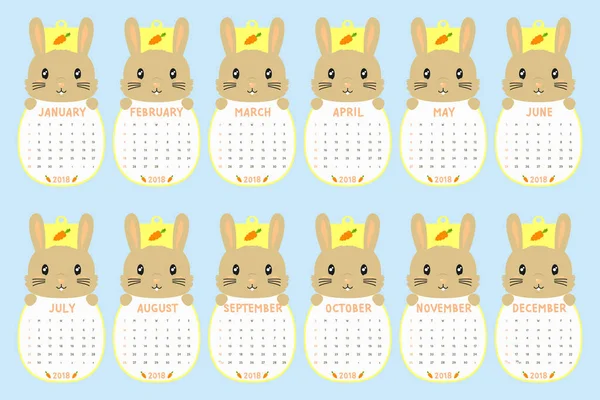 Шаблон Календаря 2018 2018 Календар Формі Тварин Милий Коричневий Кролик — стоковий вектор