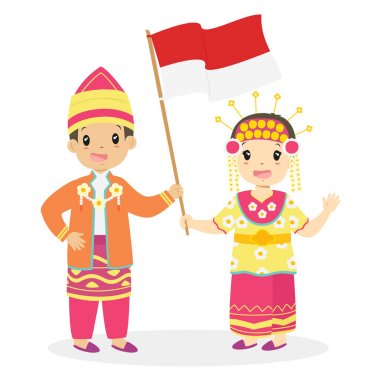 Mutlu çocuk ve Güney Kalimantan geleneksel kıyafet giyen ve el ele tutuşarak kız. Endonezya çocuklar, Güney Kalimantan geleneksel kıyafet karikatür vektör