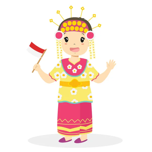 Mädchen Traditioneller Südkalimantanischer Kleidung Und Mit Indonesischer Flagge Indonesische Kinder — Stockvektor