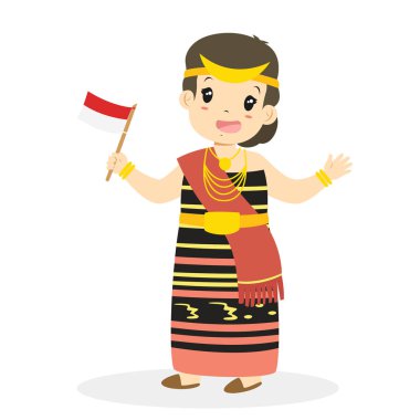 Nusa Tenggara Timur geleneksel kıyafet giyen ve Endonezya bayrak tutan kız. Endonezya çocuklar, Ntt geleneksel kıyafet karikatür vektör