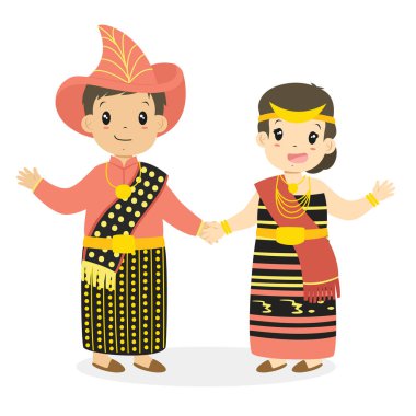 Happy boy and girl wearing Nusa Tenggara Timur traditional dress and holding hands. Indonesian children, NTT traditional dress cartoon vector clipart