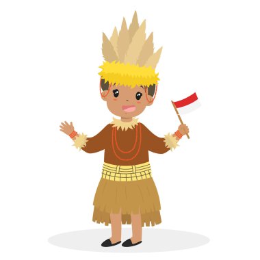 Papua geleneksel kıyafet giyen ve Endonezya bayrak tutan kız. Endonezya çocuklar, Papua geleneksel kıyafet karikatür vektör