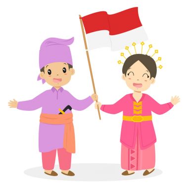 Happy boy and girl wearing Riau traditional dress and holding Indonesian flag. Indonesian children, Riau traditional dress cartoon vector clipart