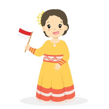 Güneydoğu Sulawesi, geleneksel kıyafet giyen ve Endonezya bayrak tutan kız. Endonezya çocuklar, Güneydoğu Sulawesi geleneksel kıyafet karikatür vektör