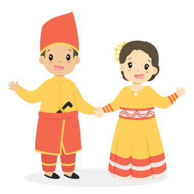 Mutlu çocuk ve Güneydoğu Sulawesi geleneksel kıyafet giyen ve el ele tutuşarak kız. Endonezya çocuklar, Güneydoğu Sulawesi geleneksel kıyafet karikatür vektör