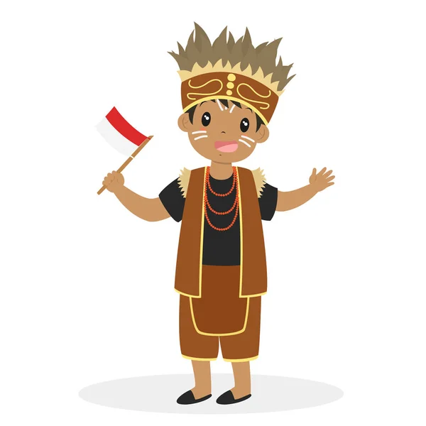 男孩身穿巴布亚传统礼服 手持印尼国旗 印度尼西亚儿童 巴布亚传统服饰卡通矢量 — 图库矢量图片