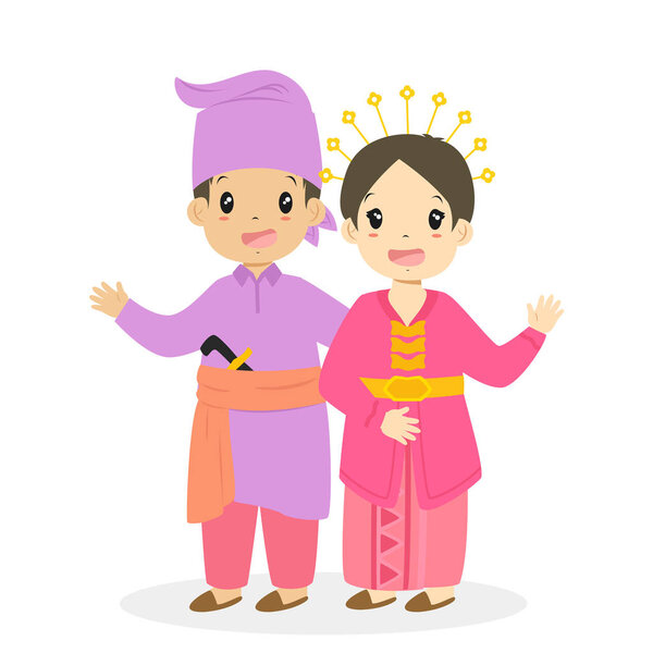 Happy boy and girl wearing Riau traditional dress. Indonesian children, Riau traditional dress cartoon vector
