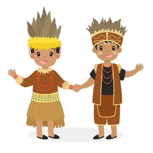 幸せな男の子と女の子パプアの伝統的なドレスを着て 手を繋いでいます インドネシアの子どもたち パプアの伝統的なドレスの漫画のベクトル — ストックベクタ
