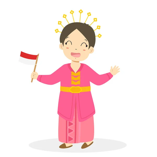 Κοπέλα Φορώντας Ριάου Παραδοσιακό Φόρεμα Και Κρατώντας Την Σημαία Της — Διανυσματικό Αρχείο