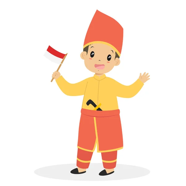 南東スラウェシ州の伝統的な衣装を着て インドネシアのフラグを保持している少年 インドネシアの子どもたち 東南スラウェシ州の伝統的な衣装漫画ベクトル — ストックベクタ