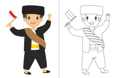 Betawi, Jakarta geleneksel kıyafet giyen ve Endonezya bir bayrak tutan Endonezya çocuk. Çocuklar, Endonezya geleneksel elbise siyah ve beyaz anahat sayfa boyama için karikatür vektör.