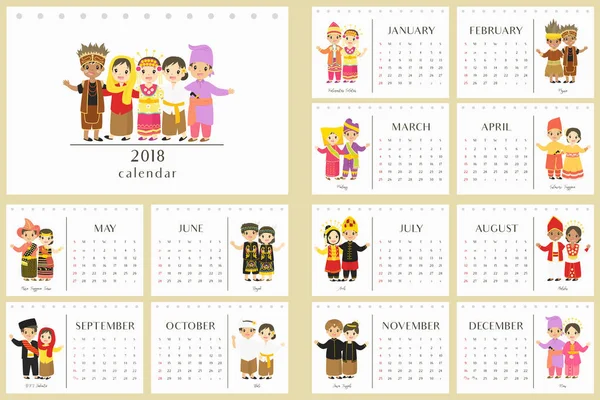 Endonezya geleneksel giysileri ile 2018 takvim. Endonezya çocuk geleneksel kıyafetler giyiyor. Yazdırılabilir 2018 takvimi şablonunu, vektör tasarımı.
