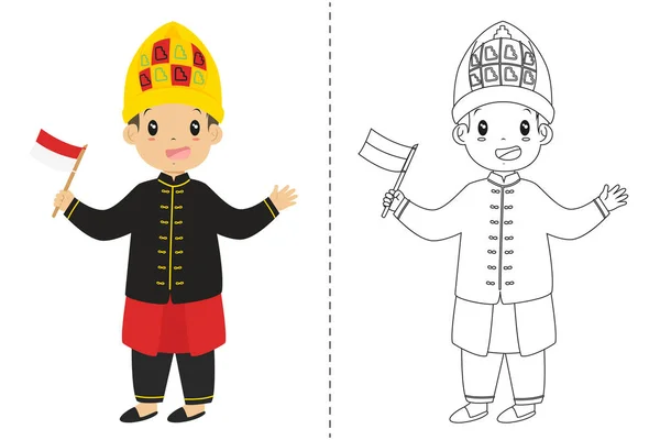 Niño Indonesio Con Vestido Tradicional Aceh Con Una Bandera Indonesia — Vector de stock