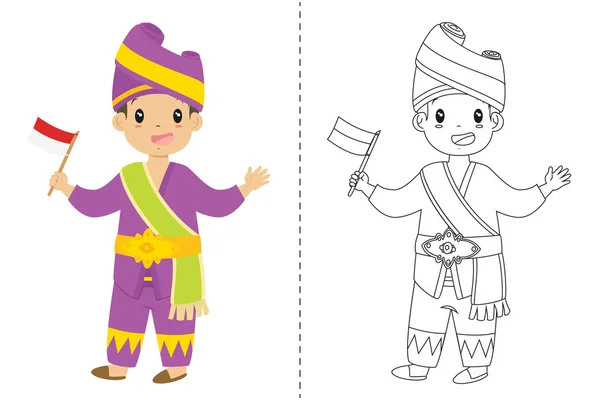 Niño Indonesio Vistiendo Vestido Tradicional Padang Sosteniendo Una Bandera Indonesia — Vector de stock