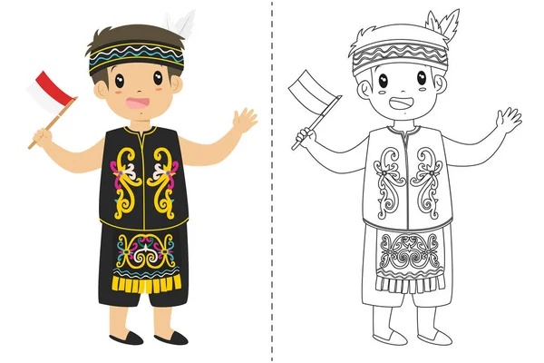 インドネシアの少年ダヤク伝統的なドレスを着て インドネシアのフラグを保持します 子供たちはインドネシアの伝統的なドレスを着て 黒と白の概要ページを着色の漫画のベクトル — ストックベクタ