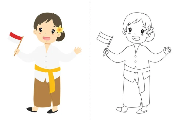 Індонезійська Дівчина Носити Традиційний Одяг Балі Проведення Індонезійська Прапор Діти — стоковий вектор