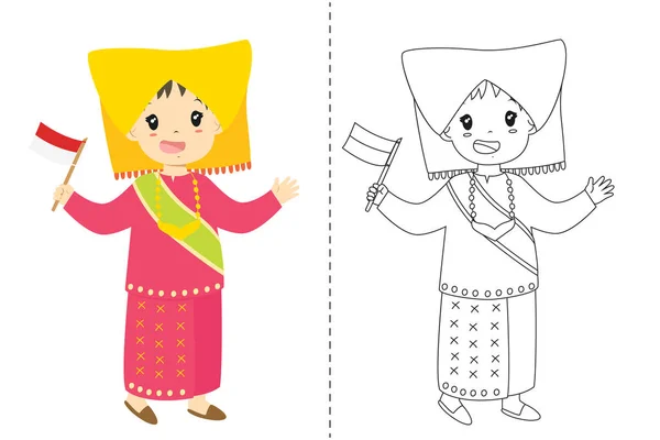 Endonezya kız Padang geleneksel elbise ve bir Endonezya bayrağı tutarak. Çocuklar, Endonezya geleneksel elbise siyah ve beyaz anahat sayfa boyama için karikatür vektör.