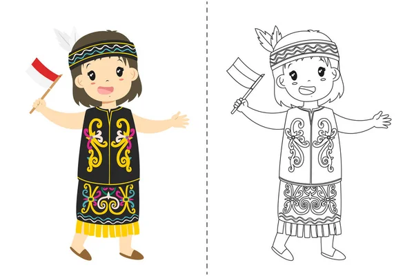 Chica Indonesia Vistiendo Vestido Tradicional Dayak Sosteniendo Una Bandera Indonesia — Vector de stock