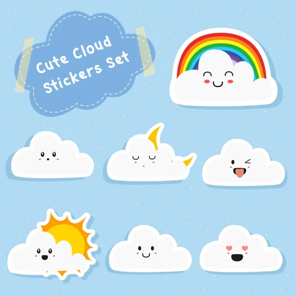 Set Van Schattige Wolken Stickers Met Verschillende Expressie Afdrukbare Stickers — Stockvector