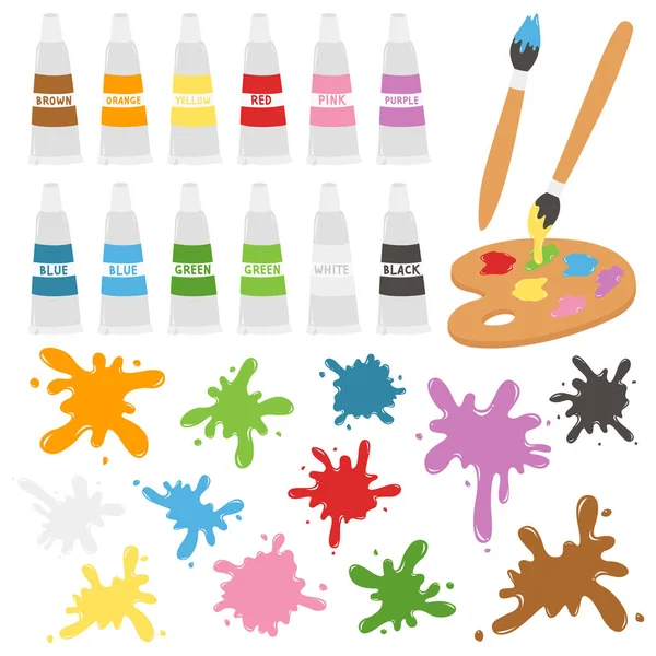 Paint Tubes Colorful Paint Splatter Vector Set Painting Tools Vector — Stock Vector