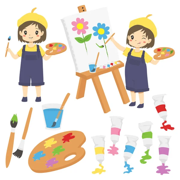 Happy Little Girl Painting Painting Tools Vector Set Girl Painting — Stock Vector